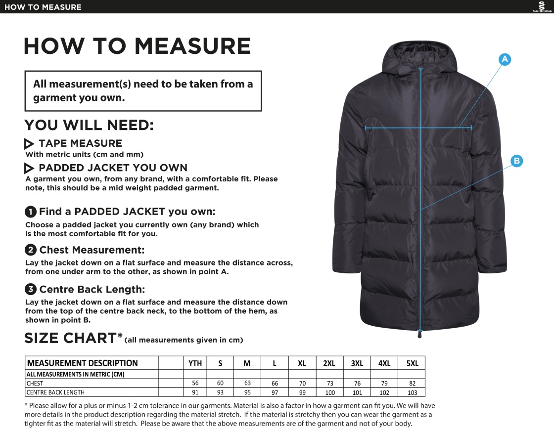 Students Active Long Padded Jacket - Unisex Fit - Size Guide