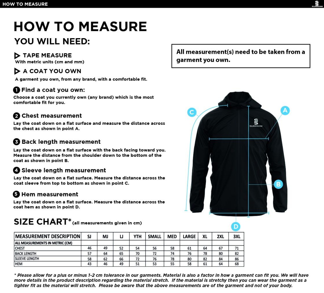Students Dual Elite 1/4 Zip Hoody / Rain Jacket - Unisex Fit - Size Guide