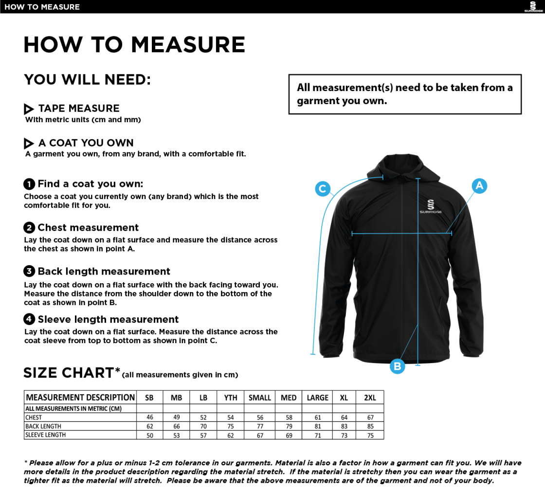 Students Dual Elite 1/4 Zip Hoody / Rain Jacket - Unisex Fit - Size Guide