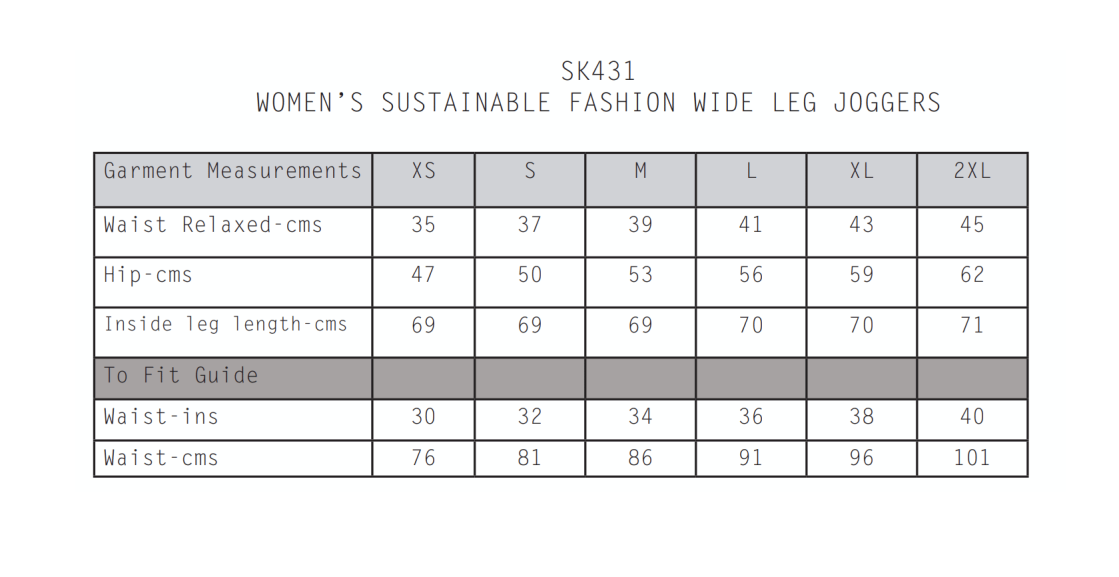 Students Wide Leg Joggers - Women's Fit - Size Guide
