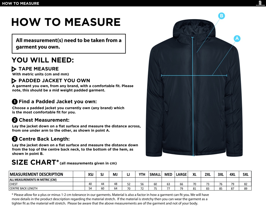 Students Active Padded Jacket - Unisex Fit - Size Guide