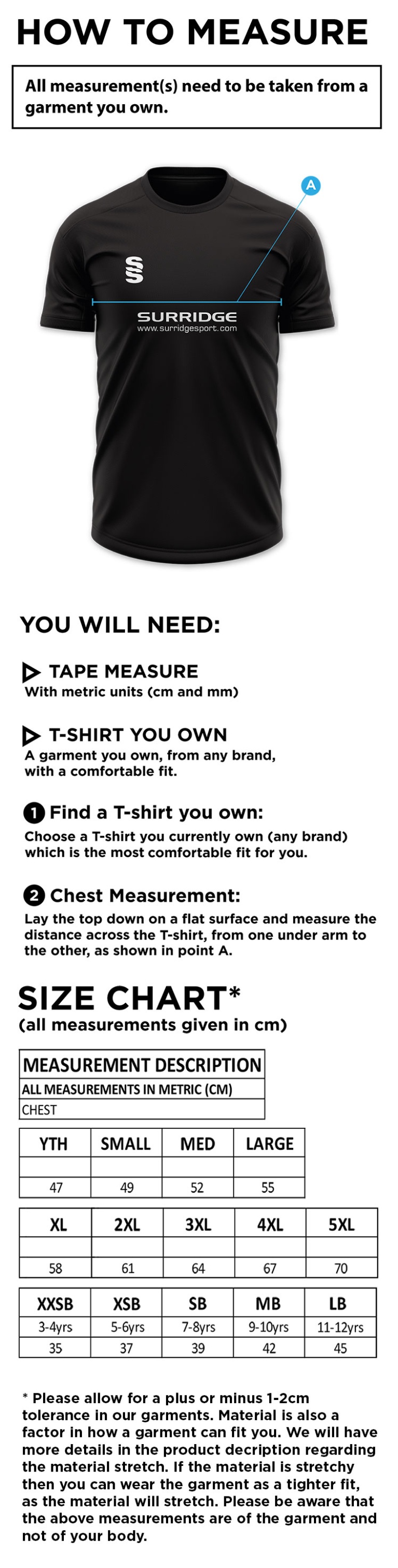 Official Training Shirt - Men's/Unisex Fit - Size Guide