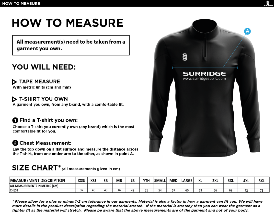 Official Competitive ¼ Zip - Men's/Unisex Fit - Size Guide