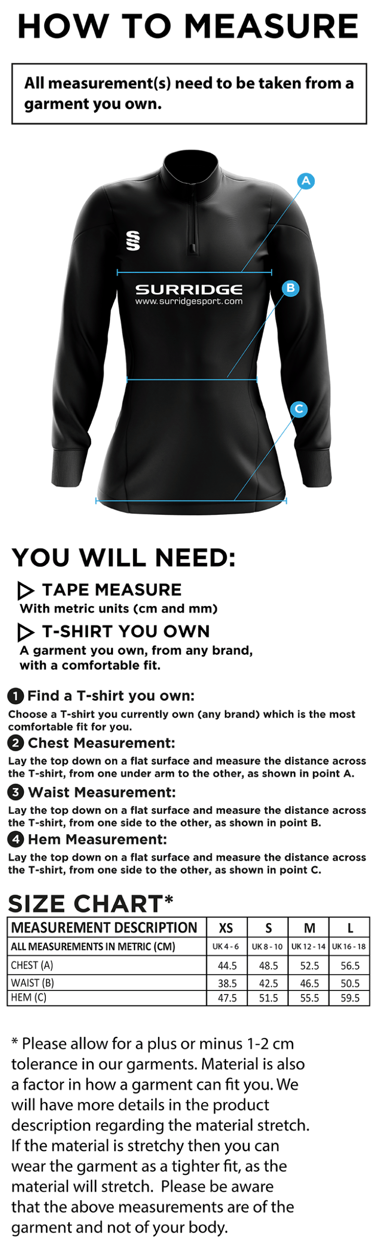 Official Competitive ¼ Zip - Women's Fit - Size Guide