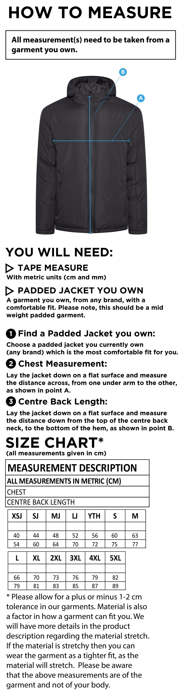 Students Active Padded Jacket - Unisex Fit - Size Guide