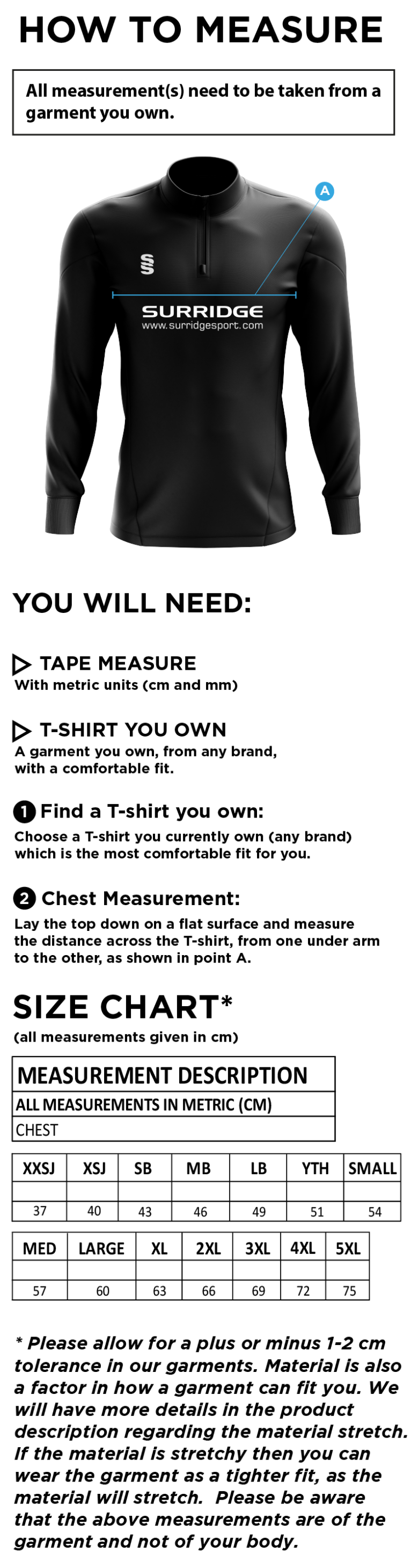 Official Competitive ¼ Zip - Men's/Unisex Fit - Size Guide