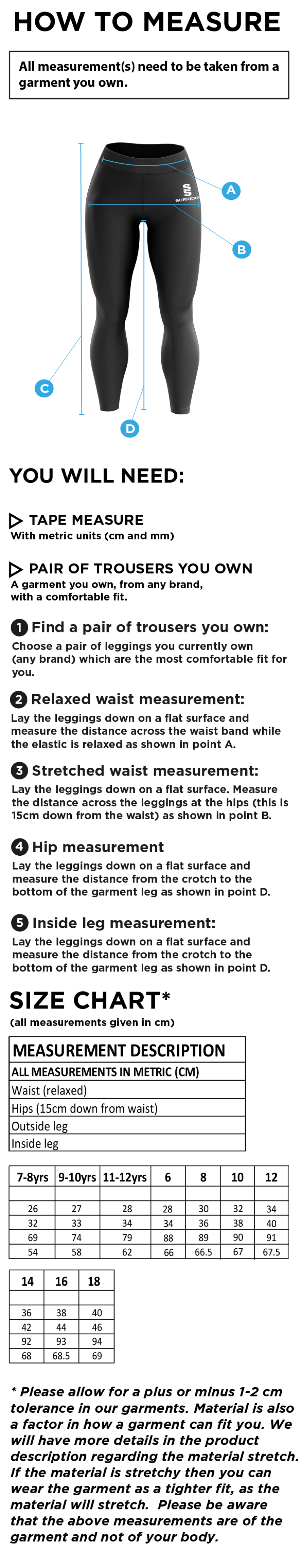 Students Performance Full Length Leggings - Women's Fit - Size Guide