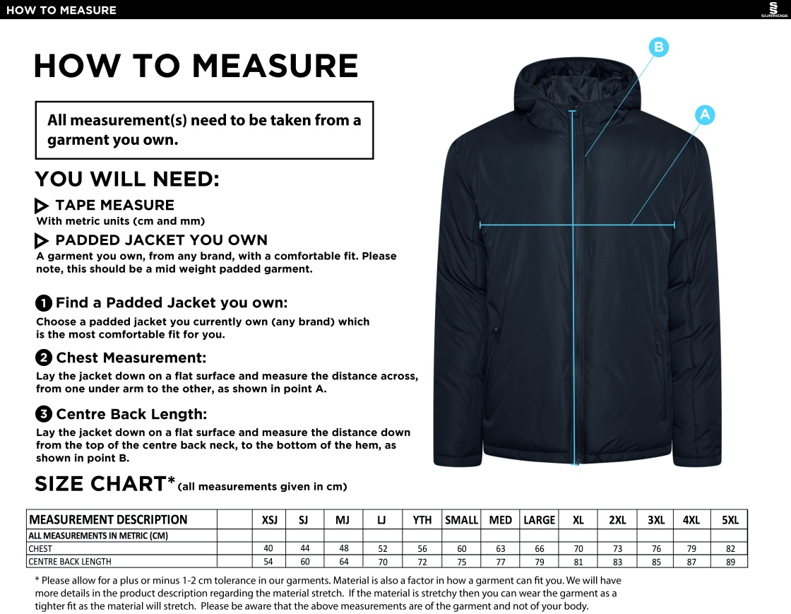 Students Active Padded Jacket - Unisex Fit - Size Guide
