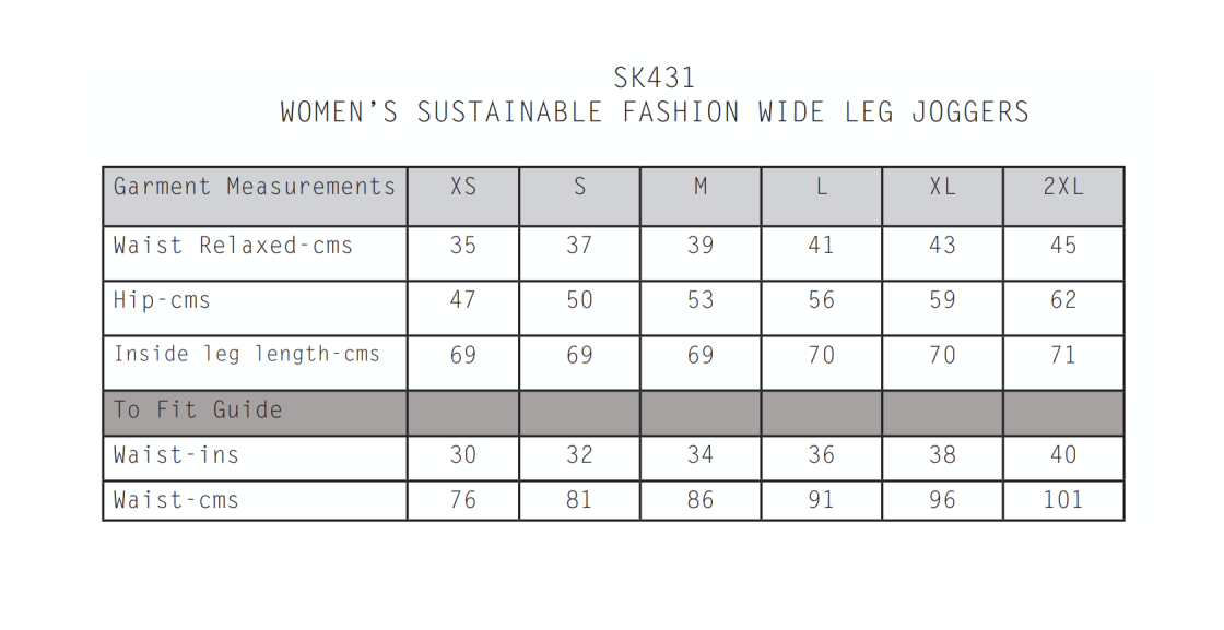 Students Wide Leg Joggers - Women's Fit - Size Guide