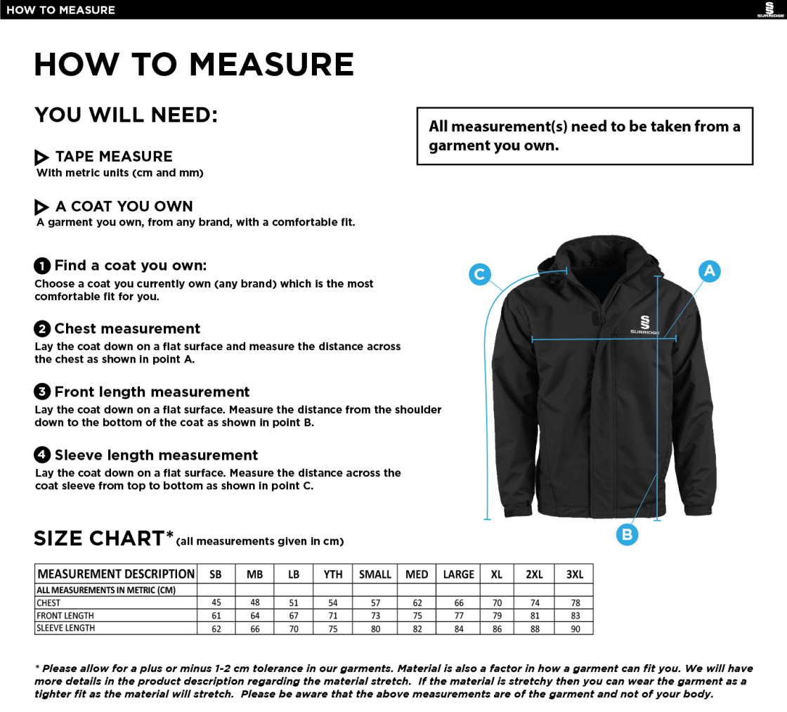 Students Dual Fleece Lined Jacket - Unisex Fit - Size Guide