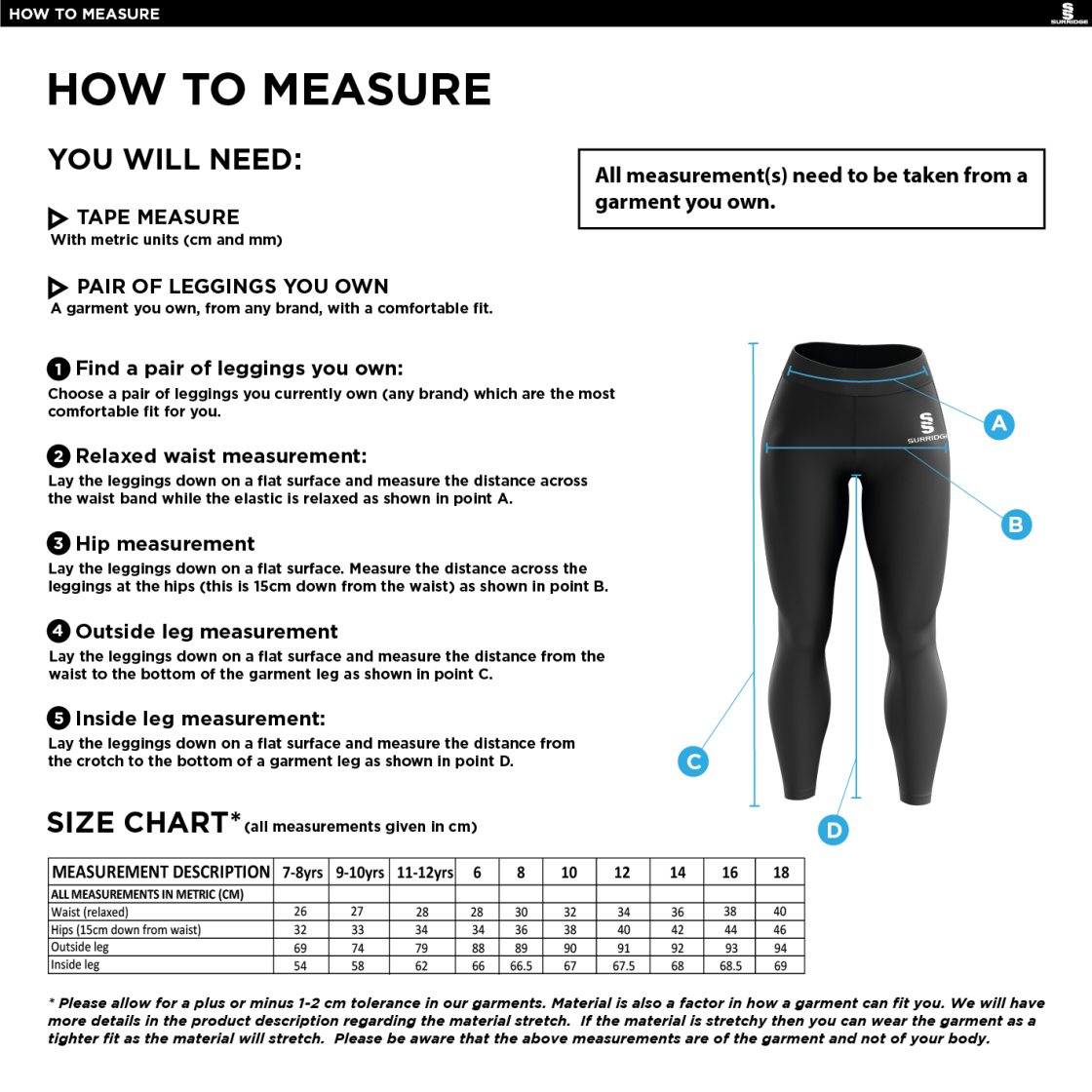 Students Performance Full Length Leggings - Women's Fit - Size Guide