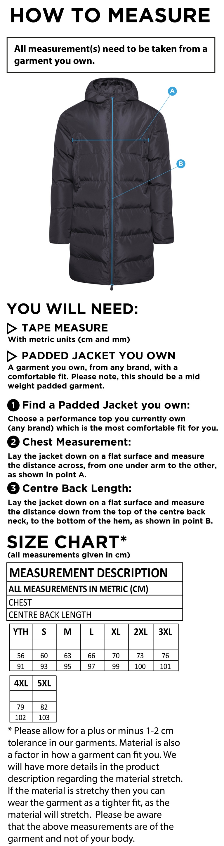 Students Active Long Padded Jacket - Unisex Fit - Size Guide